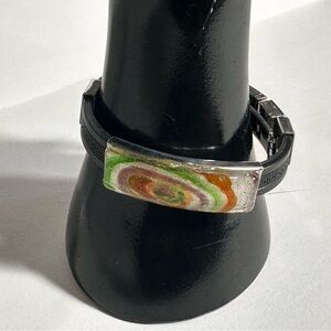 Stainless Steel Colorful Acrylic Black Vegan Leather Bracelet Smaller Size